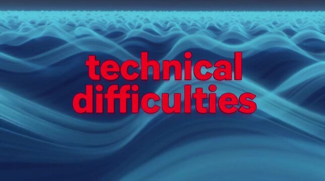 An abstract blue wavy aural image is accompanied by digital text announcing technical issues