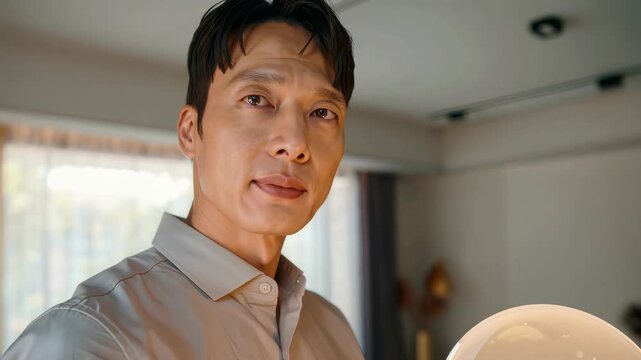 Asian adult man holding glowing alien smart home controller sphere indoors, futuristic interface managing intelligent living environment. Concept of smart home control, extraterrestrial technology, an