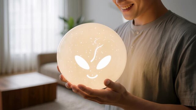 Asian adult man smiling while holding glowing alien sphere smart device in modern living room, friendly extraterrestrial technology integrated into everyday home life. Concept of smart home, future te
