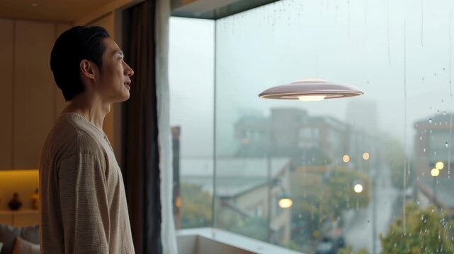 Asian adult man standing by rain covered panoramic window watching evening city view, floating flying saucer smart home device indoors. Concept of smart home technology, futuristic living, and calm ur