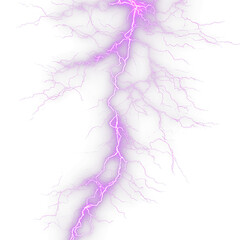 Vertical purple lightning bolt with intense glowing core and fractal electrical sparks, magical pink energy strike isolated on transparent background