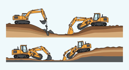 Heavy Equipment Excavating And Earthmoving Operations On Construction Site Diagram Layout