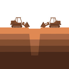 Heavy Equipment Excavation Project Meeting In Middle Creating A Deep Trench