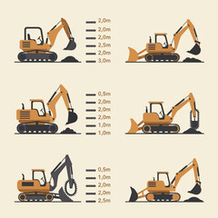 Heavy Equipment Excavator Collection With Scale Measurements And Industrial Machinery Design