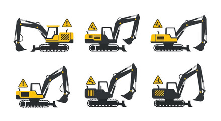 Heavy Equipment Excavator Construction Vehicle Warning Sign Icons Set Modern Industrial Machinery