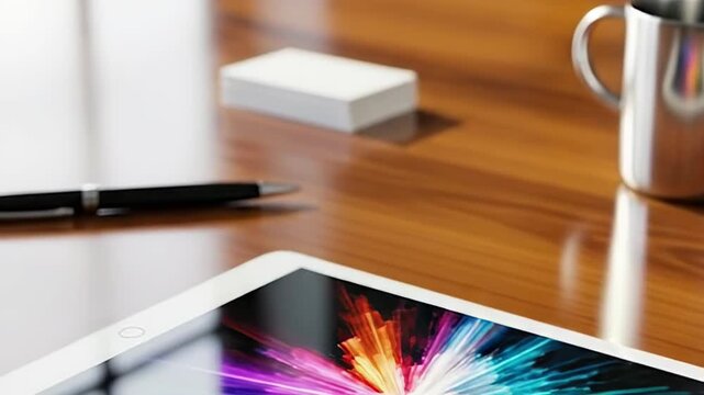 Modern workspace with tablet displaying colorful digital explosion on screen.