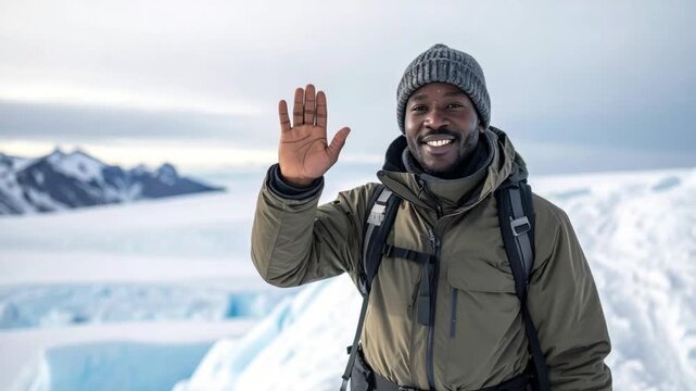 Smiling man in winter gear waves hello in a snowy arctic landscape