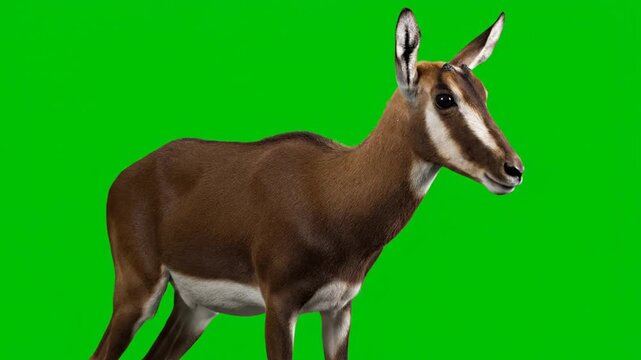 A beautiful brown gazelle with white markings stands on a green screen background.