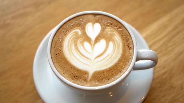 A beautifully crafted latte art in a white cup on a wooden table.