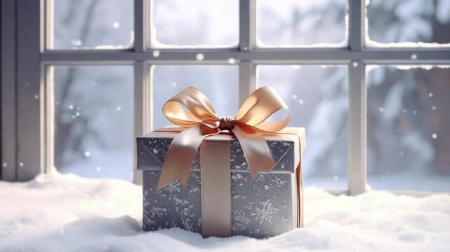Elegant silver gift box with golden ribbon on snow by a winter window