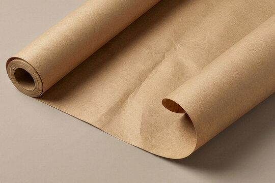 High angle view of a roll of brown kraft wrapping paper unrolling to show texture