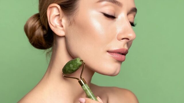 Woman using jade roller on neck for glowing skin and beauty routine