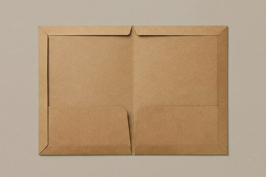 Open empty brown kraft paper presentation folder with two pockets for documents