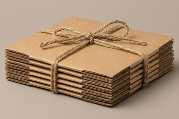 Stack of folded cardboard mailers tied together with a rustic jute twine bow