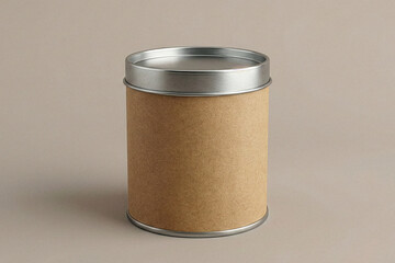 High angle view of a cylindrical brown kraft paper canister with a silver metal lid