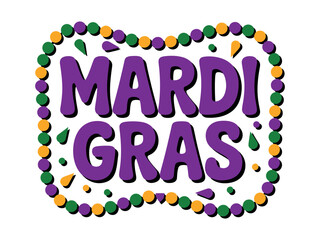 A colorful Mardi Gras graphic with purple text and beads