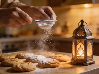 Close-up of cookies being dusted with powdered sugar near a lantern Ramadan baking
