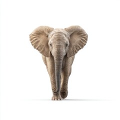 Obraz premium Realistic depiction of a young elephant walking forward on a white background showcasing its size and unique features