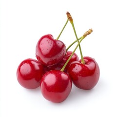 Fresh Juicy Red Cherries with Water Drops Isolated on White Background for Healthy Food Concept
