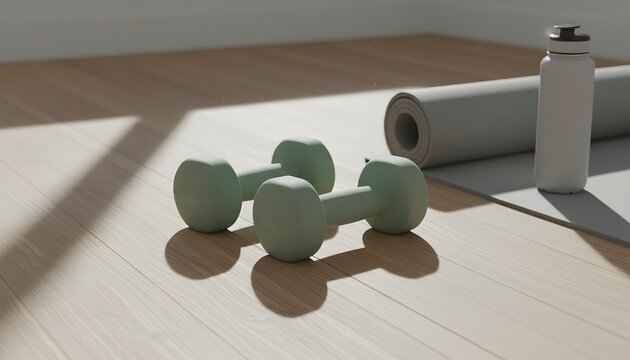 Matte Sage Green Dumbbells on Wood Floor with rolled yoga mat for home fitness and healthy lifestyle morning workout background