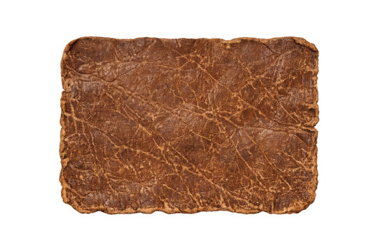 Brown leather texture patch with worn distressed grunge surface, blank label or tag background, transparent background