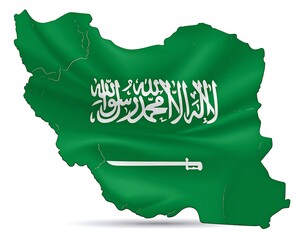 Saudi flag draped over Iran map, illustrating geographical and cultural overlap, creating a conceptual visual