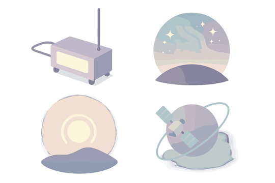 Etherwave Planetarium Icons. Isometric vector illustration set Etherwave Planetarium: luminous theremin instrument, planetary