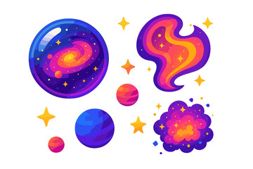 Galactic Marble Design. Isometric vector illustration set Glass Marble Galaxy: glass marble with galaxy inside, glowing nebula