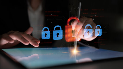 Digital security concept illustrating a cybersecurity breach, with a red unlocked padlock indicating data exposure among secure systems, emphasizing system vulnerability and risk Latch