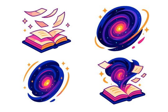 Cosmic Book Vortex. Isometric vector illustration set Ex Libris Wormhole: open book with levitating pages, swirling cosmic vortex,