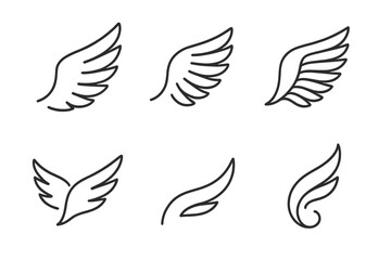 Obraz premium Wing Icon Collection. Line style icons of Wing: open wing, folded wing, feathered wing, light wing arc, minimal flight shape,