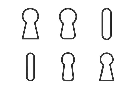 Keyhole Icon Styles. Line style icons of Keyhole: classic keyhole, rounded keyhole, tall slot shape, narrow lock opening, oval key