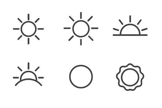 Sun Icon Varieties. Line style icons of Sun: full sun, ray circle, half sun, soft beam arc, round disk, gentle glow shape. No text