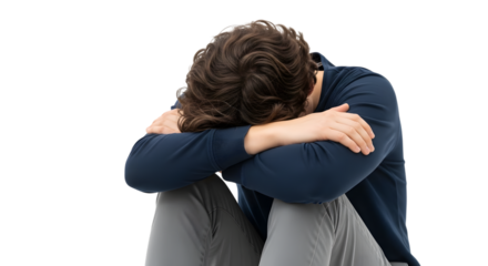 Young man with curly hair sitting with head down arms crossed isolated on transparent background