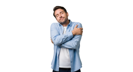 Man hugging himself with eyes closed feeling comfort and self love isolated on transparent background