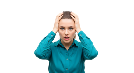 Woman with hands on head expressing shock and disbelief on transparent background