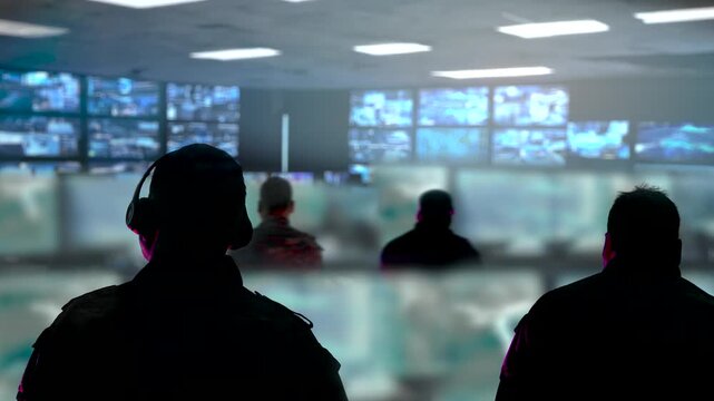 silhouette of  military personnel in headsets monitoring multiple screens at strategic command control center
