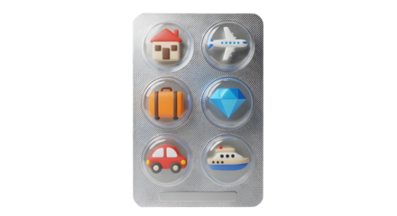 Financial Planning Concept with House, Plane, Car, Suitcase, Diamond, and Boat Icons in Blister Pack