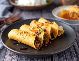 Savory crepes stuffed with vegetables, served on a black plate. Garnished with sauce and chopped nuts