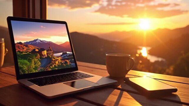 Laptop and coffee with stunning sunset mountain view remote work setup