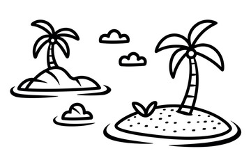 Black and White Cartoon Tropical Islands with Palm Trees and Fluffy Clouds Floating Above Water