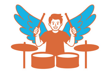 Cartoon Man Playing Drums with Blue Wings Illustration