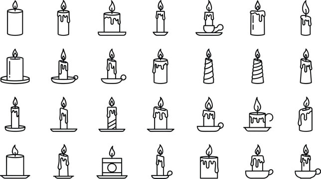 Set of various lit candles in different styles and holders