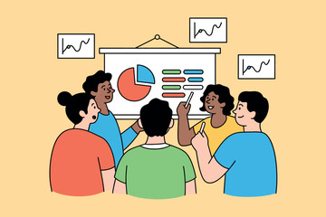 Diverse team discussing colorful business charts and graphs in a meeting room setting together
