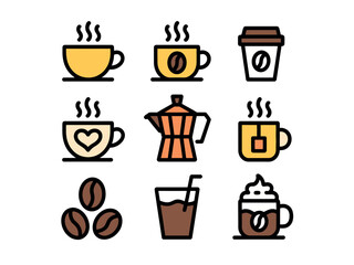 Colorful Coffee Icon Set with Cups, Beans, and Brewing Equipment on White Background