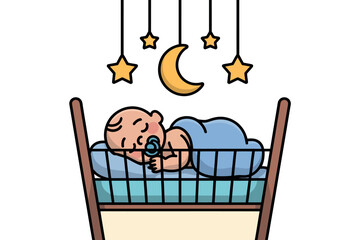 Baby Sleeping Peacefully in Crib with Moon and Stars Above
