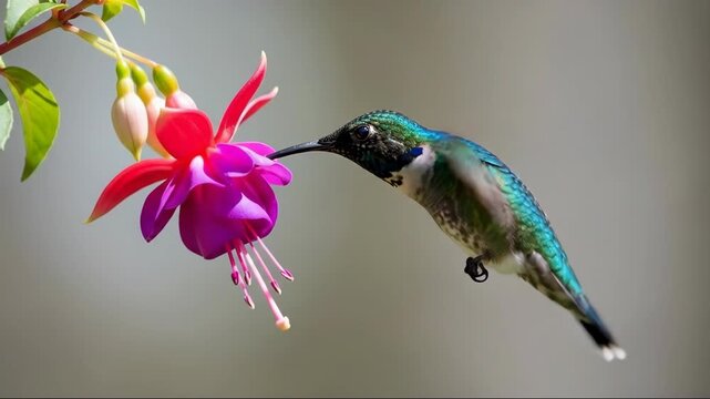 Vibrant hummingbird flies gracefully while feeding on colorful fuchsia flowers in elegant motion