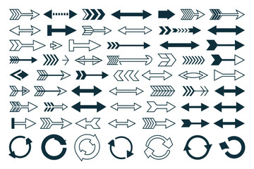 Various Arrow Icons and Symbols in Black and White for Design and Navigation Purposes
