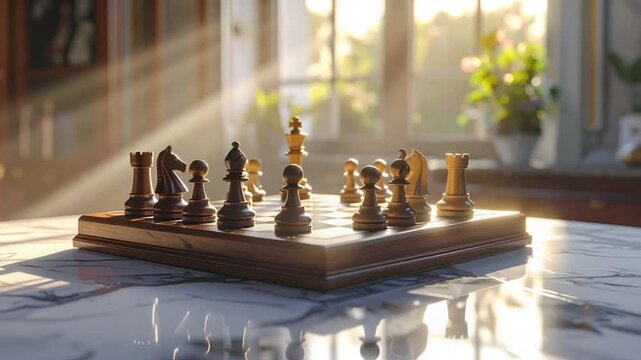 Wooden Chess Board and Pieces Bathed in Warm Sunlight Indoors