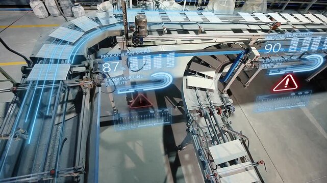 Smart Factory for the production of ceramic tiles. Ceramic tiles moving on the production line. The interior of the Smart Factory is controlled by artificial intelligence. Roller conveyor system 